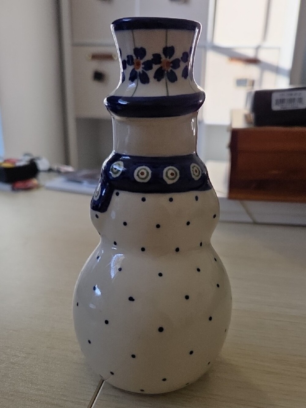 Hand-Painted Polish Style Ceramic Snowman Figurine - Picture 3 of 4